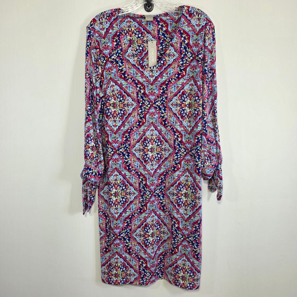 NWT Chico's Womens Medallion Print Shift Dress Tie Sleeves Stretchy Sz 8-10